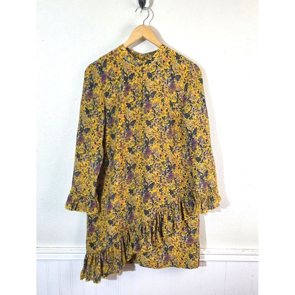 Madewell x Karen Walker Silk Floral Loretta Dress Yellow Ruffle Boho Size 6